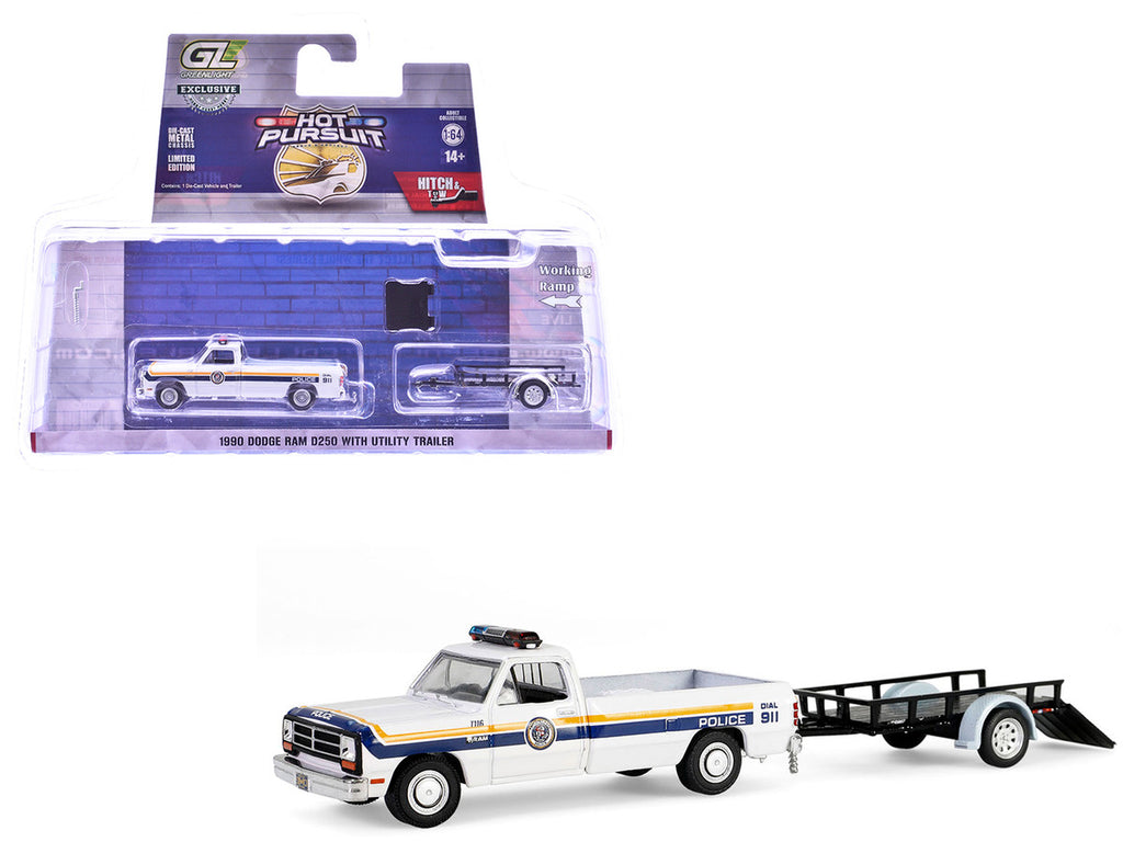 1990 Dodge Ram D250 Pickup Truck "Philadelphia PA Police Department" White with Stripes and Utility Trailer "Hot Pursuit Hitch & Tow" Series 1 1/64 Diecast Model Cars by Greenlight-4