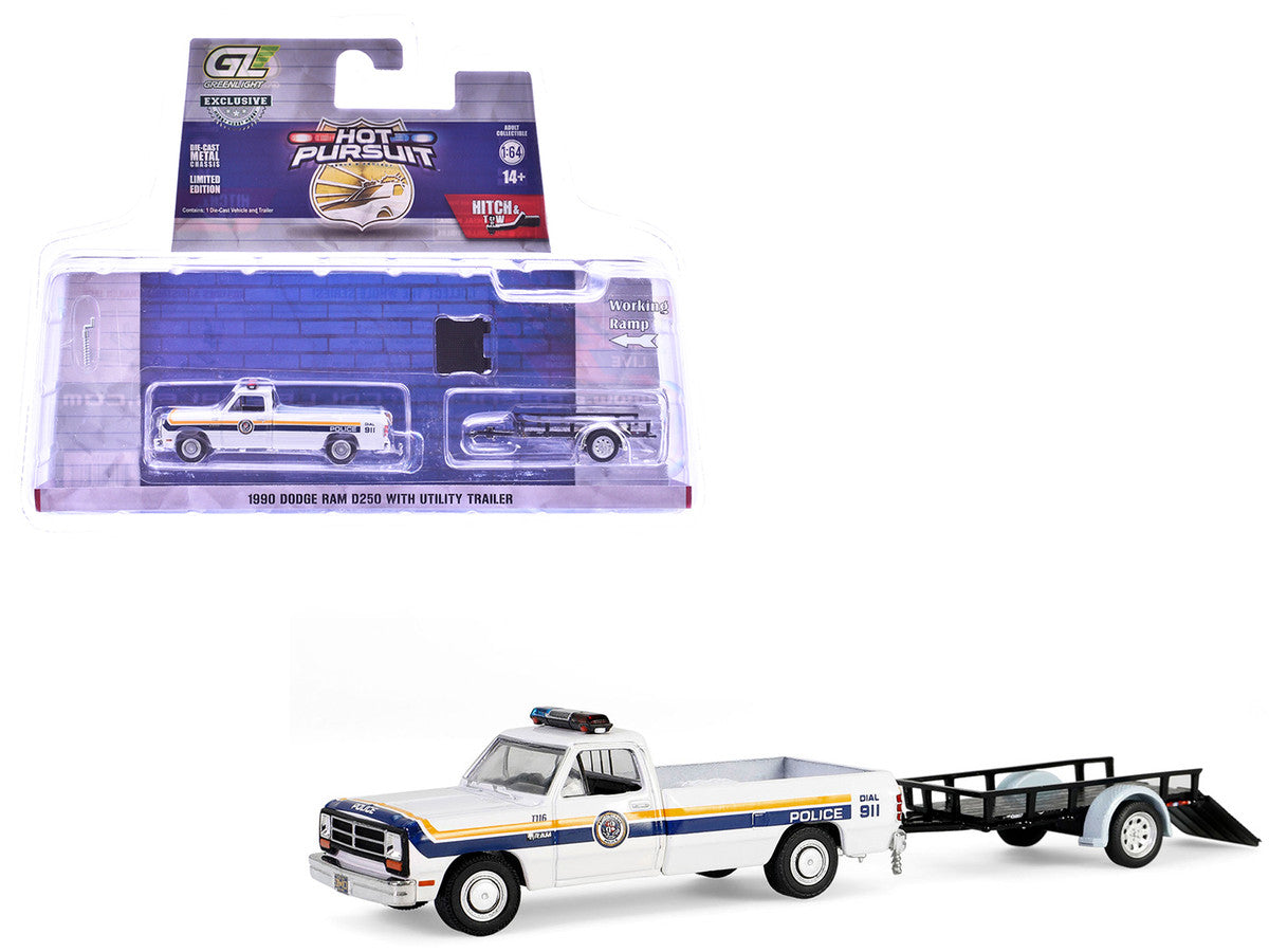 1990 Dodge Ram D250 Pickup Truck "Philadelphia PA Police Department" White with Stripes and Utility Trailer "Hot Pursuit Hitch & Tow" Series 1 1/64 Diecast Model Cars by Greenlight-4
