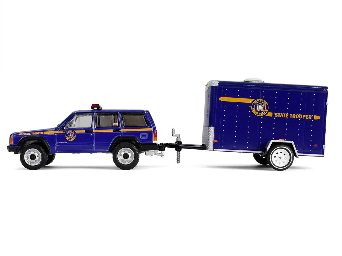 2001 Jeep Cherokee "New York State Police" Blue with Yellow Stripes and Small Cargo Trailer "Hot Pursuit Hitch & Tow" Series 1 1/64 Diecast Model Cars by Greenlight-0