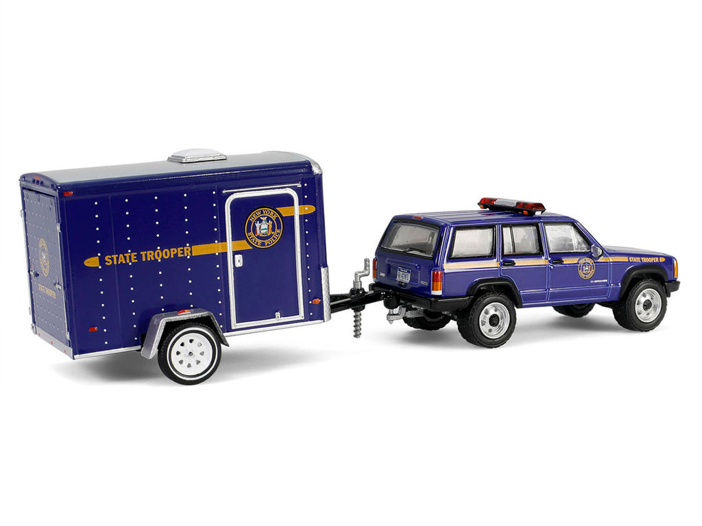 2001 Jeep Cherokee "New York State Police" Blue with Yellow Stripes and Small Cargo Trailer "Hot Pursuit Hitch & Tow" Series 1 1/64 Diecast Model Cars by Greenlight-1