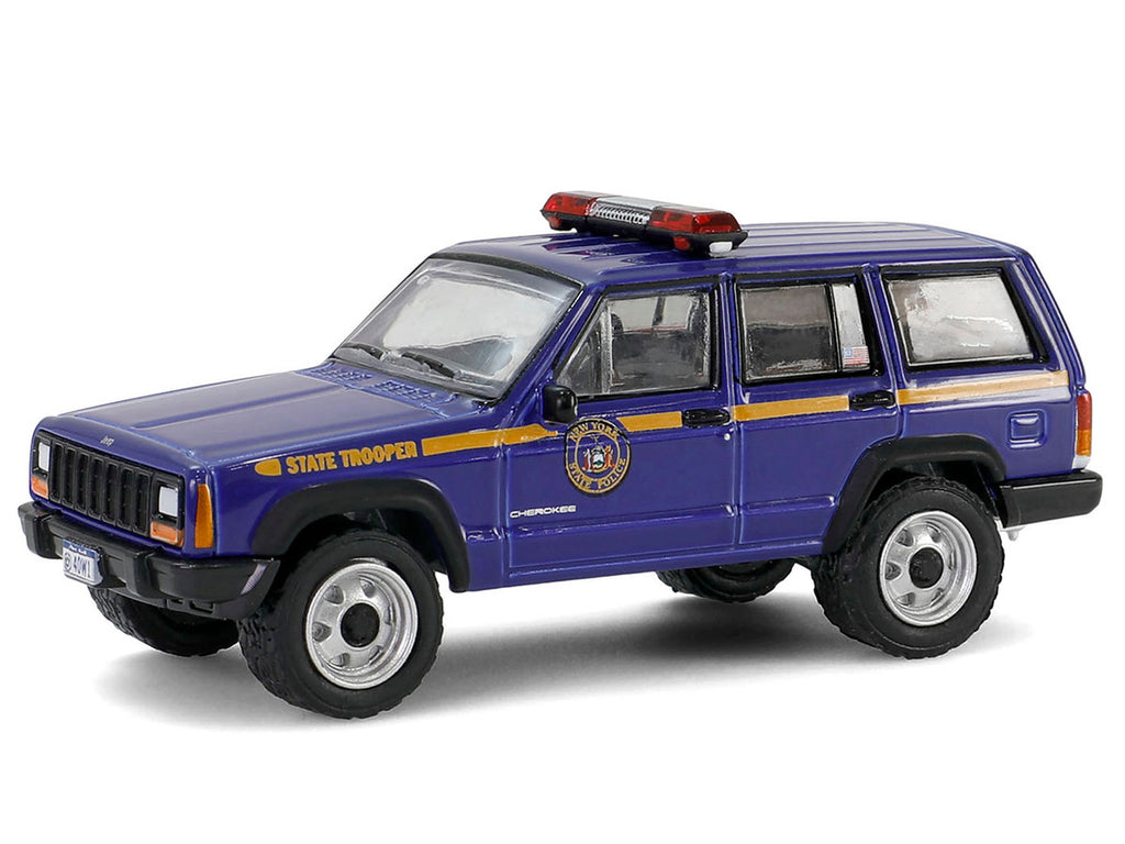 2001 Jeep Cherokee "New York State Police" Blue with Yellow Stripes and Small Cargo Trailer "Hot Pursuit Hitch & Tow" Series 1 1/64 Diecast Model Cars by Greenlight-2