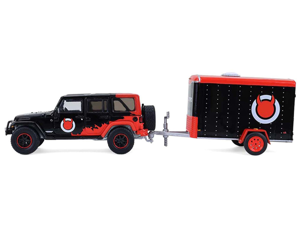 2012 Jeep Wrangler Unlimited "Diablo Sport" Black with Red Graphics and Small Cargo Trailer "Hitch & Tow" Series 33 1/64 Diecast Model Cars by Greenlight-0