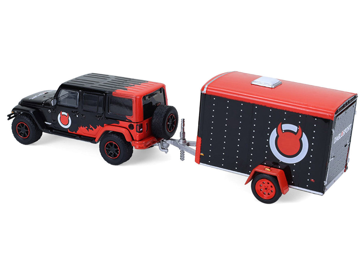 2012 Jeep Wrangler Unlimited "Diablo Sport" Black with Red Graphics and Small Cargo Trailer "Hitch & Tow" Series 33 1/64 Diecast Model Cars by Greenlight-1