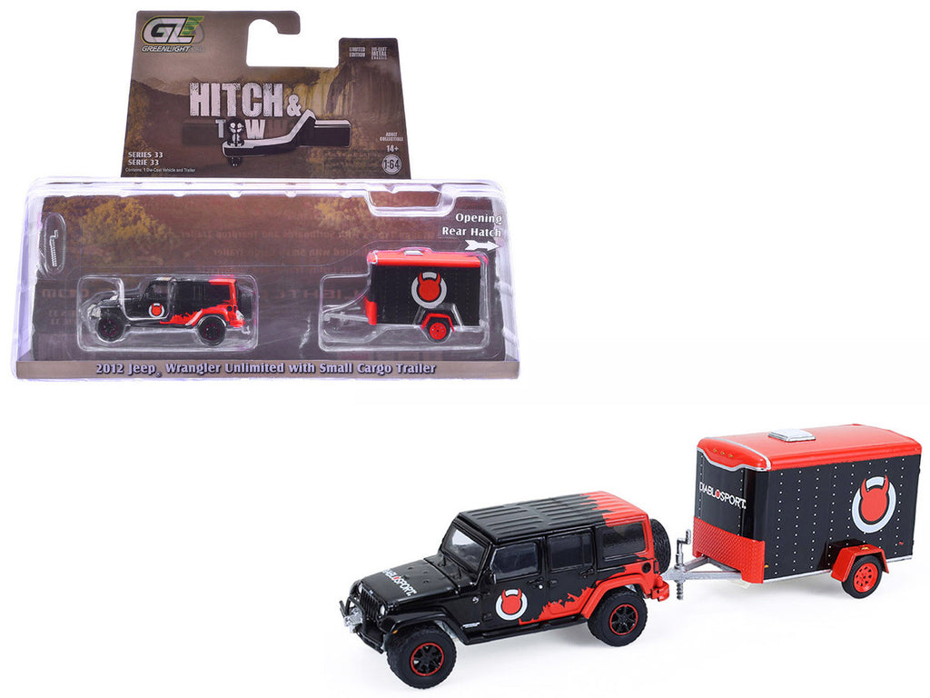 2012 Jeep Wrangler Unlimited "Diablo Sport" Black with Red Graphics and Small Cargo Trailer "Hitch & Tow" Series 33 1/64 Diecast Model Cars by Greenlight-4
