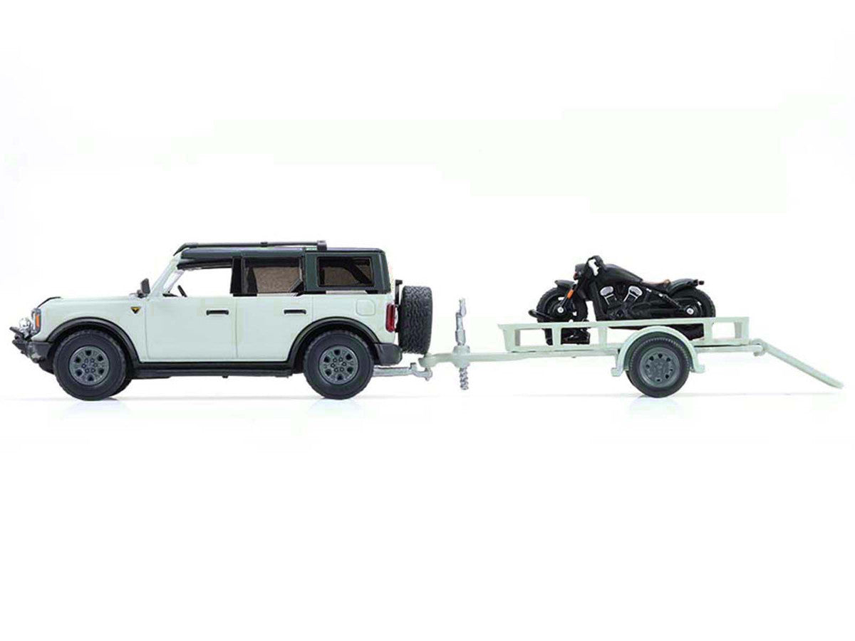 2021 Ford Bronco 4-Door Badlands Cactus Gray with Black Top and Motorcycle with Utility Trailer "Hitch & Tow" Series 33 1/64 Diecast Model Cars by Greenlight-0