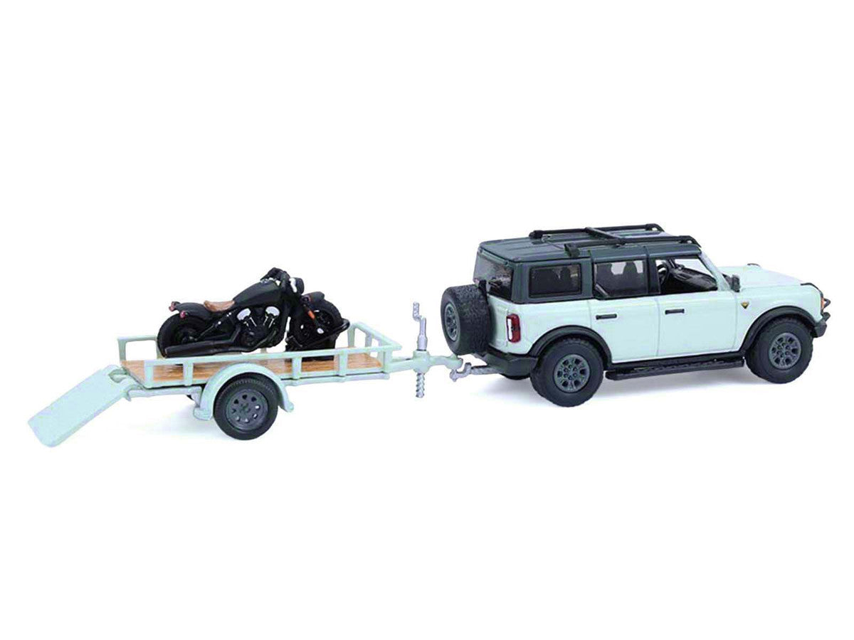 2021 Ford Bronco 4-Door Badlands Cactus Gray with Black Top and Motorcycle with Utility Trailer "Hitch & Tow" Series 33 1/64 Diecast Model Cars by Greenlight-1