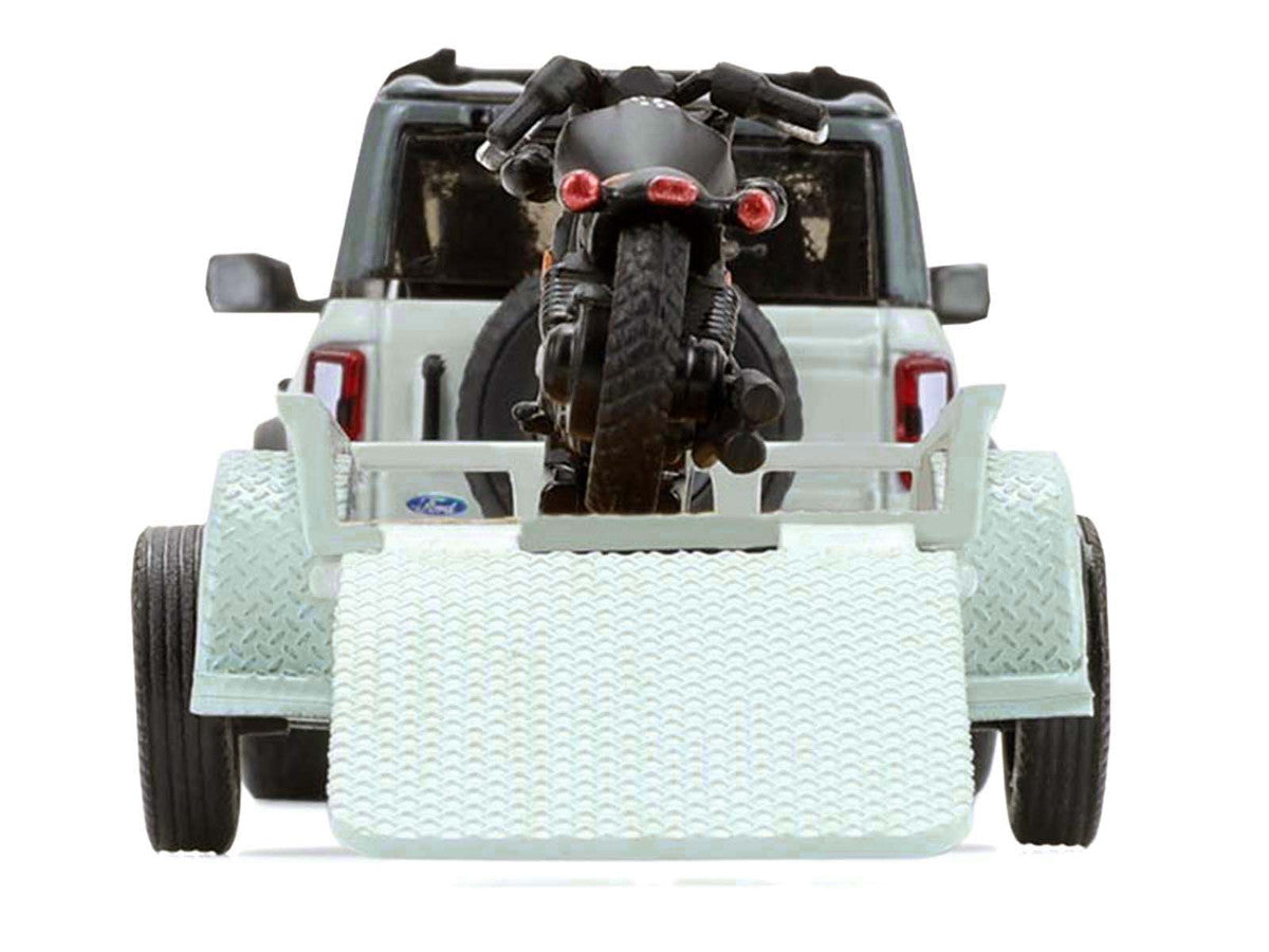 2021 Ford Bronco 4-Door Badlands Cactus Gray with Black Top and Motorcycle with Utility Trailer "Hitch & Tow" Series 33 1/64 Diecast Model Cars by Greenlight-3