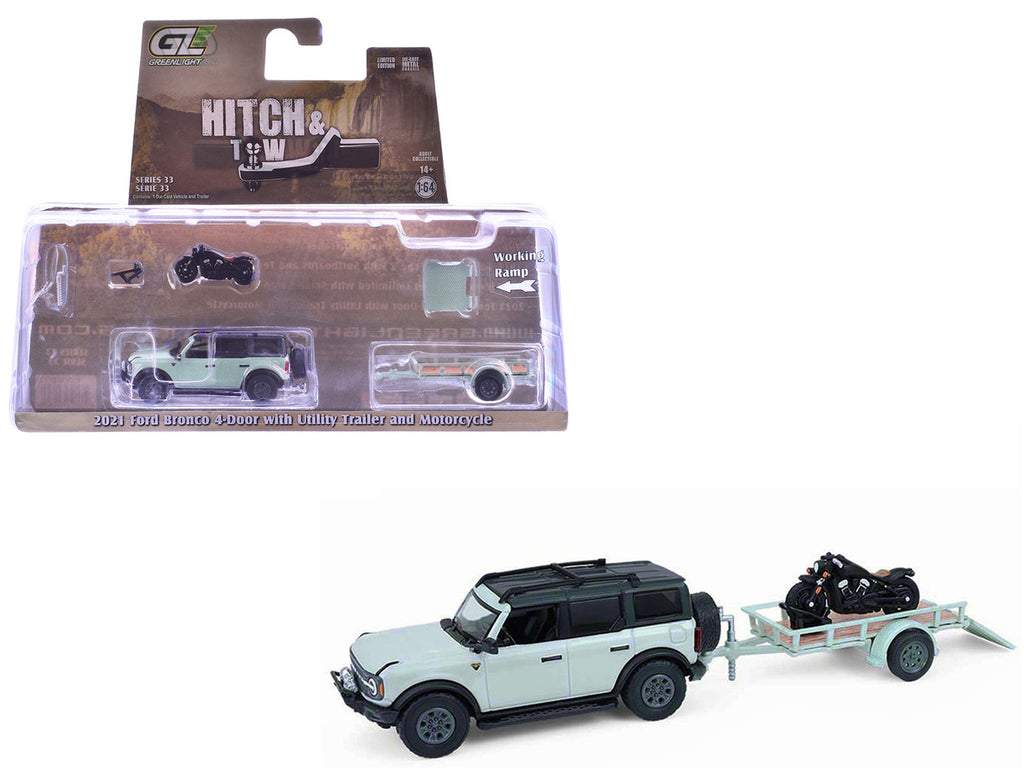 2021 Ford Bronco 4-Door Badlands Cactus Gray with Black Top and Motorcycle with Utility Trailer "Hitch & Tow" Series 33 1/64 Diecast Model Cars by Greenlight-4