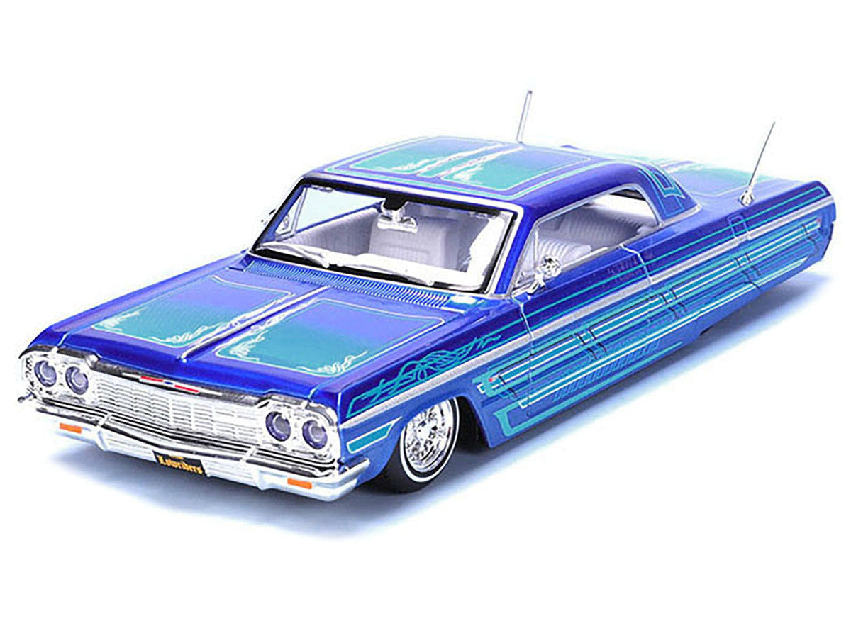 1964 Chevrolet Impala SS Lowrider Candy Blue with Graphics and White Interior "Lowriders" "Maisto Design" Series 1/26 Diecast Model Car by Maisto-1