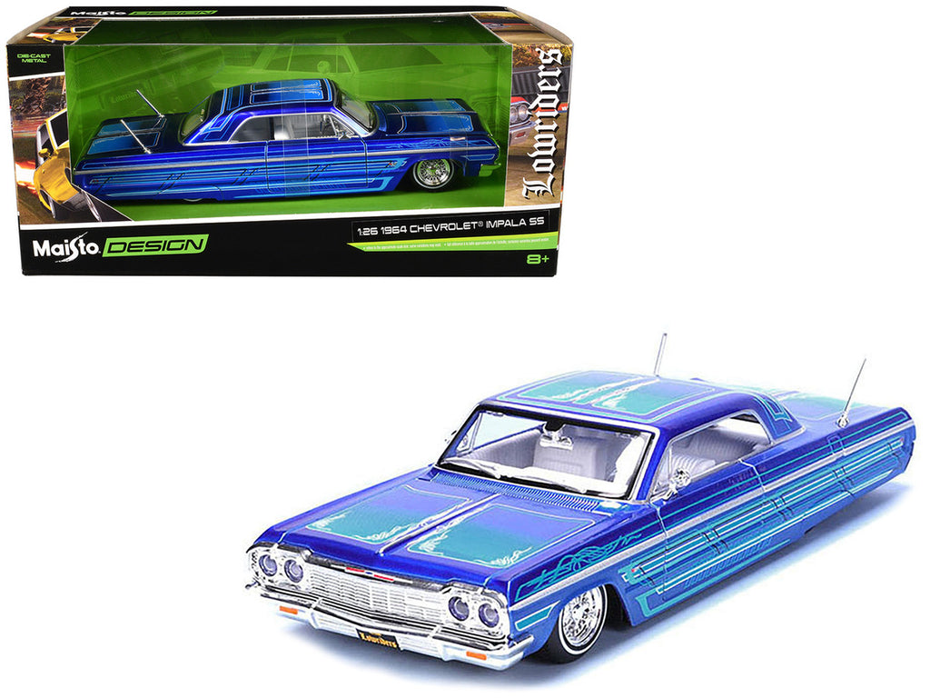 1964 Chevrolet Impala SS Lowrider Candy Blue with Graphics and White Interior "Lowriders" "Maisto Design" Series 1/26 Diecast Model Car by Maisto-2