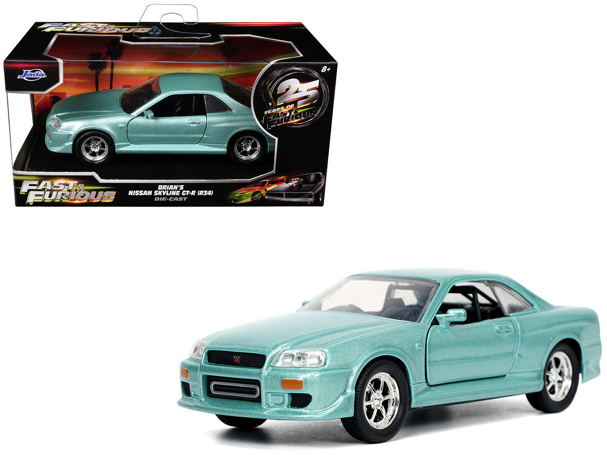 Brian's Nissan Skyline GT-R (BNR34) RHD (Right Hand Drive) Turquoise Metallic "Fast & Furious" Movie 1/32 Diecast Model Car by Jada-4