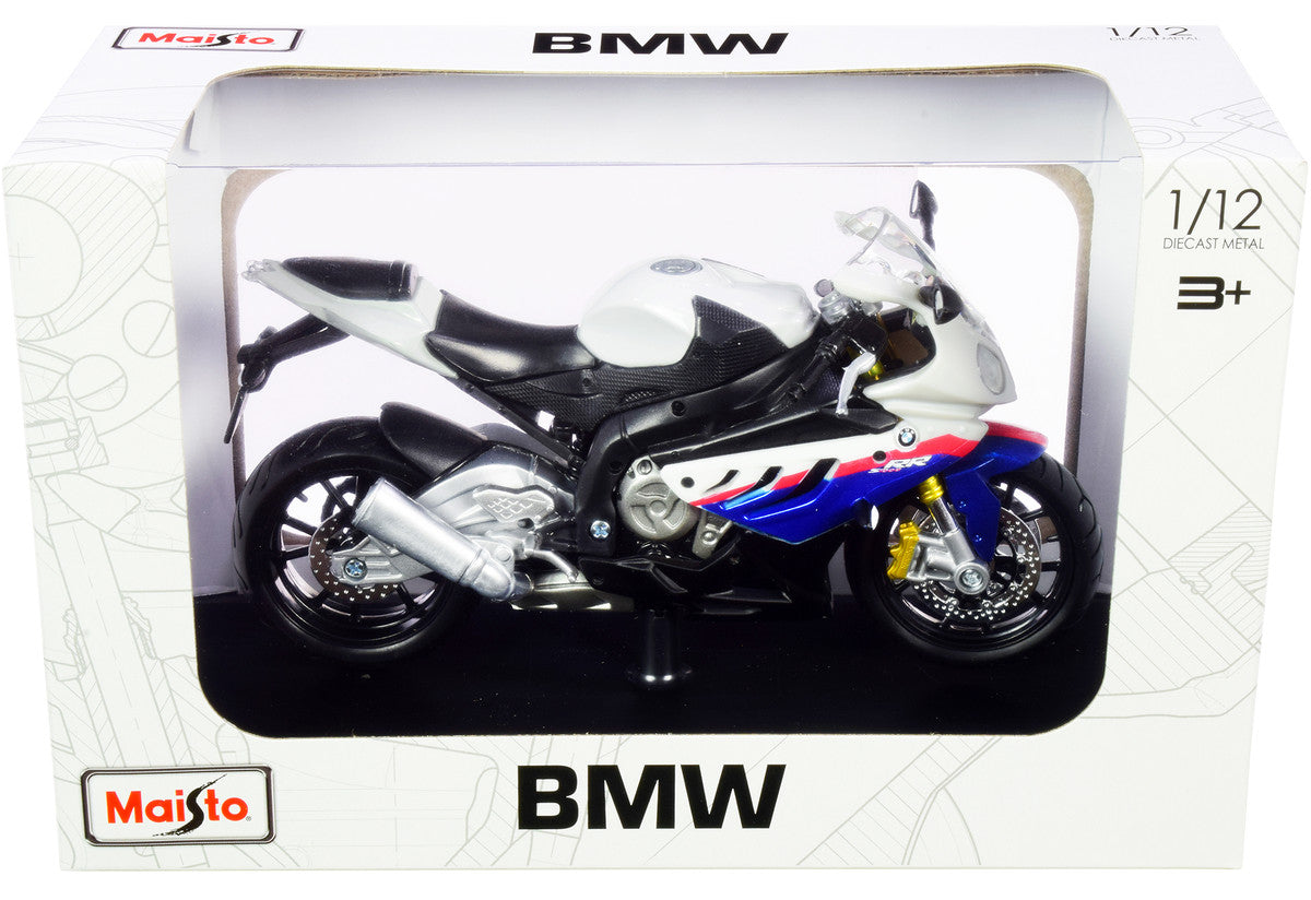 BMW S 1000 RR White with Blue and Red Stripes with Plastic Display Stand 1/12 Diecast Motorcycle Model by Maisto-2