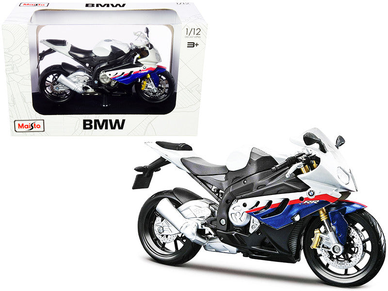 BMW S 1000 RR White with Blue and Red Stripes with Plastic Display Stand 1/12 Diecast Motorcycle Model by Maisto-0