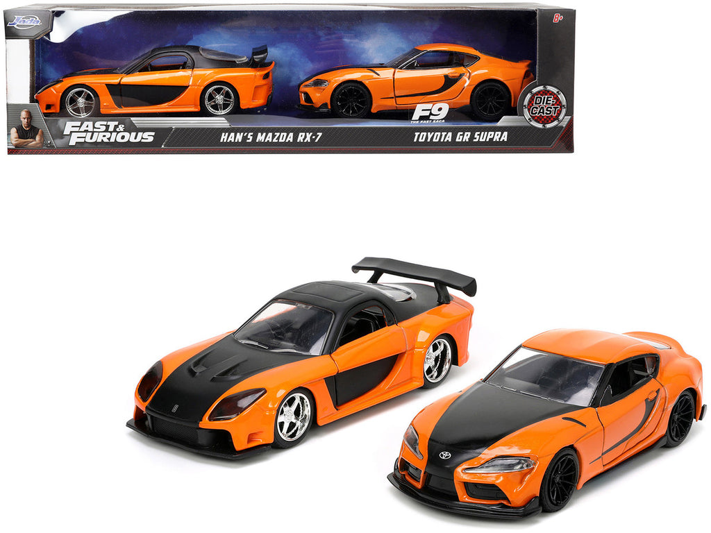 Han's Mazda RX-7 Orange Metallic and Matt Black and Toyota GR Supra Orange Metallic with Black Hood Set of 2 pieces "Fast & Furious" Series 1/32 Diecast Model Cars by Jada-0