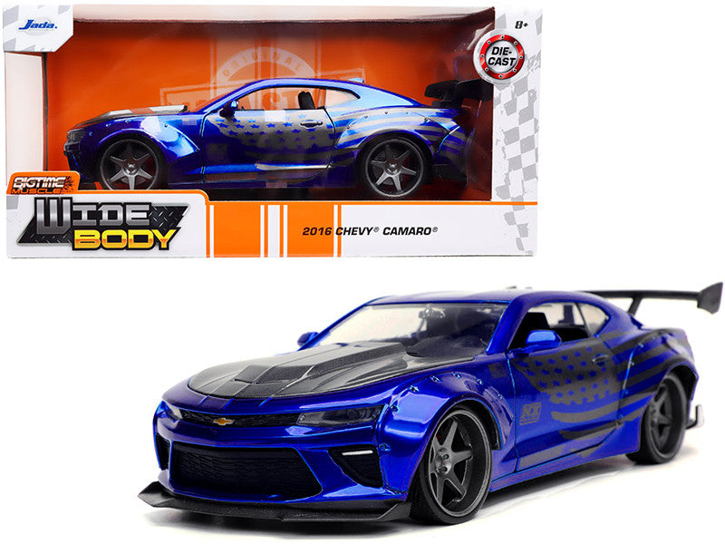 2016 Chevrolet Camaro Widebody Candy Blue with Gray Metallic Hood and American Flag Graphics "Bigtime Muscle" Series 1/24 Diecast Model Car by Jada-0