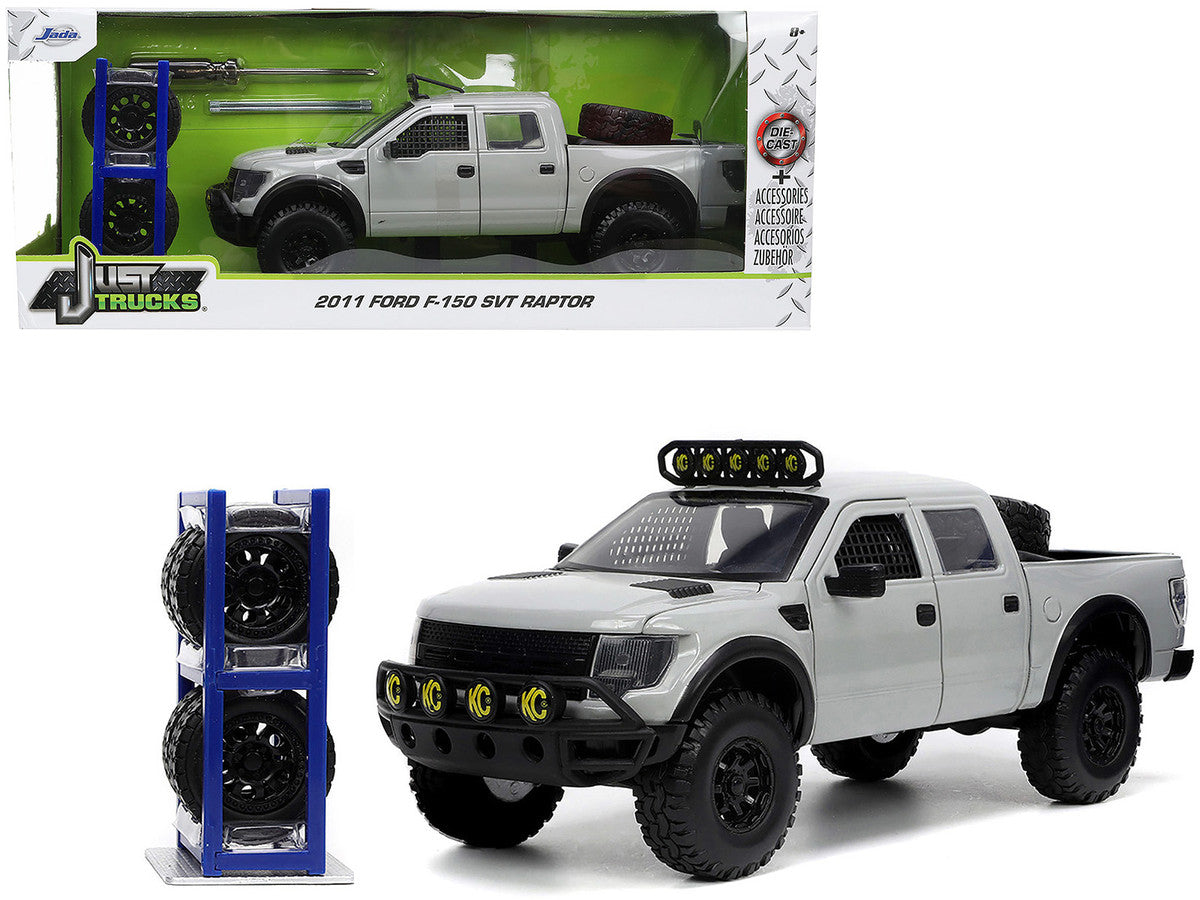 2011 Ford F-150 SVT Raptor Pickup Truck Light Gray with Extra Wheels "Just Trucks" Series 1/24 Diecast Model Car by Jada-4