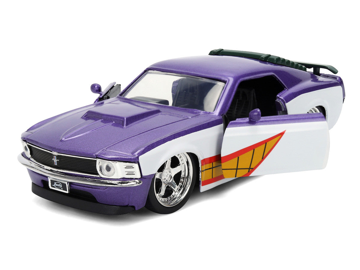 1970 Ford Mustang Boss "Joker" Livery Purple Metallic and White with Graphics "Batman" Franchise "Hollywood Rides" Series 1/32 Diecast Model Car by Jada-0