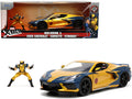 2020 Chevrolet Corvette C8 Stingray Gold Metallic and Dark Blue and Wolverine Diecast Figurine "X-Men" "Marvel" Series "Hollywood Rides" 1/24 Diecast Model Car by Jada-0