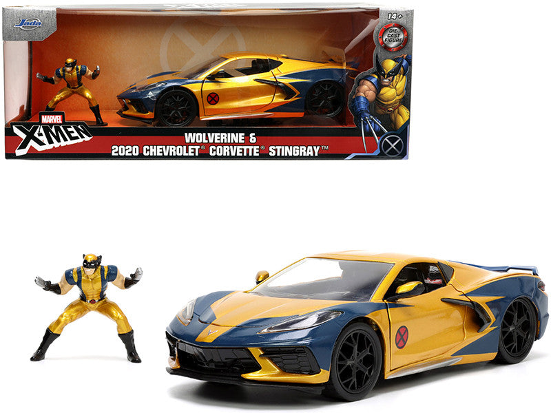 2020 Chevrolet Corvette C8 Stingray Gold Metallic and Dark Blue and Wolverine Diecast Figurine "X-Men" "Marvel" Series "Hollywood Rides" 1/24 Diecast Model Car by Jada-0