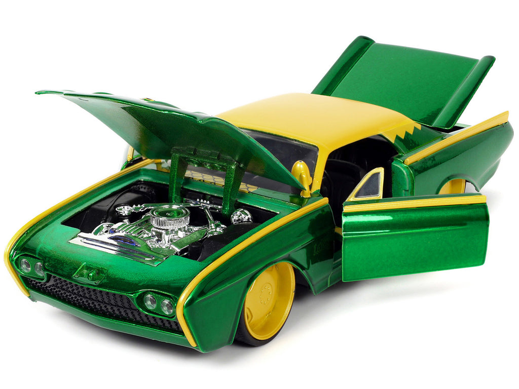 1963 Ford Thunderbird Green and Yellow Metallic with Hood Graphics and Loki Diecast Figure "Loki" "Marvel" Series 1/24 Diecast Model Car by Jada-1
