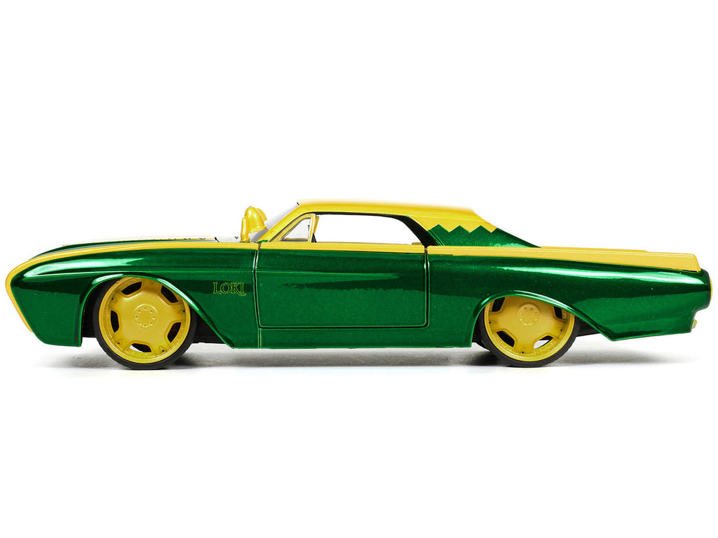 1963 Ford Thunderbird Green and Yellow Metallic with Hood Graphics and Loki Diecast Figure "Loki" "Marvel" Series 1/24 Diecast Model Car by Jada-2