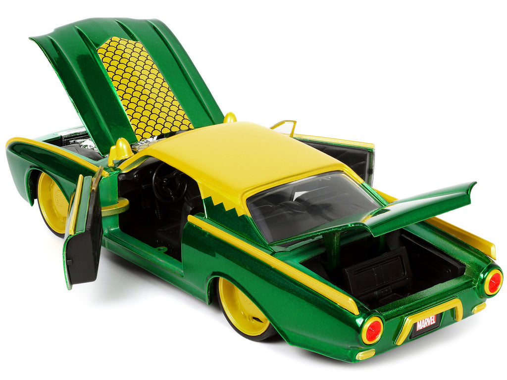 1963 Ford Thunderbird Green and Yellow Metallic with Hood Graphics and Loki Diecast Figure "Loki" "Marvel" Series 1/24 Diecast Model Car by Jada-3