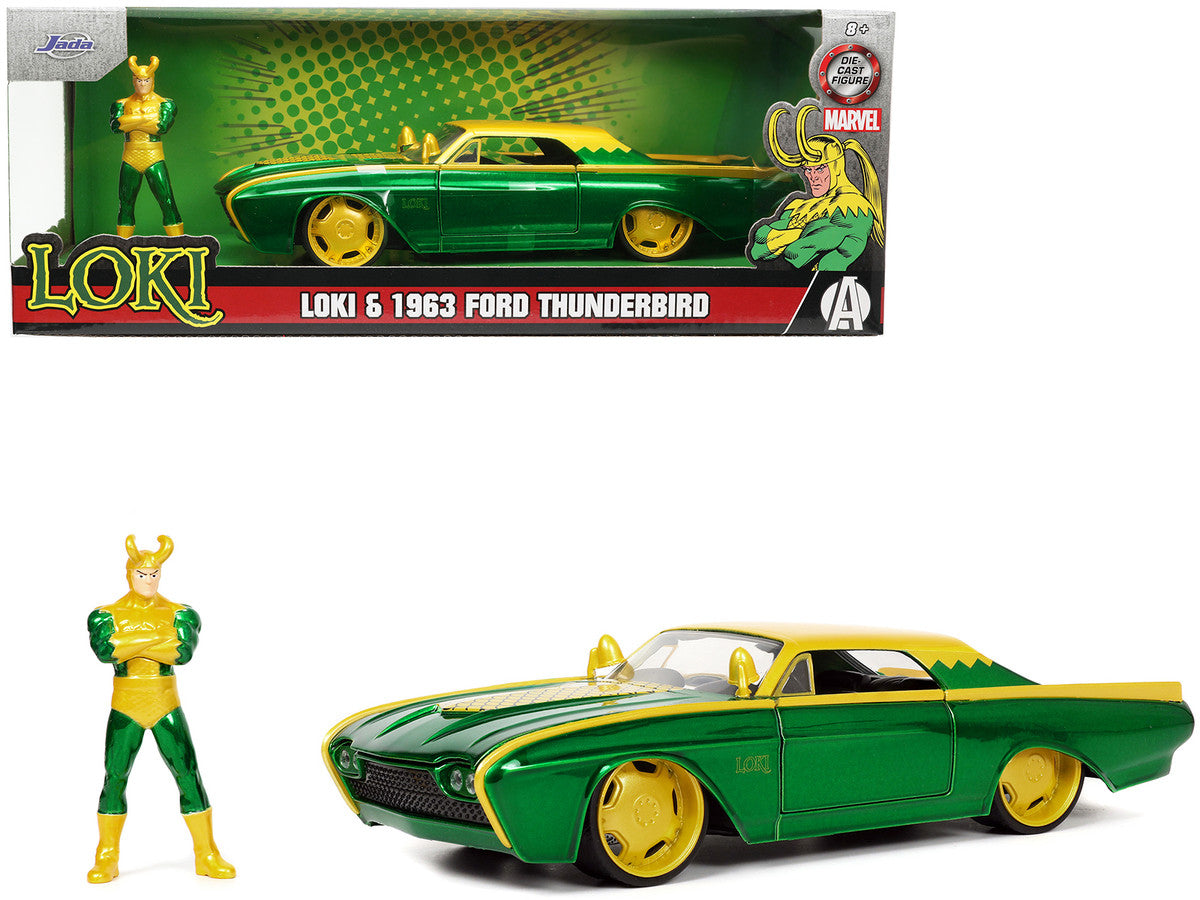 1963 Ford Thunderbird Green and Yellow Metallic with Hood Graphics and Loki Diecast Figure "Loki" "Marvel" Series 1/24 Diecast Model Car by Jada-0