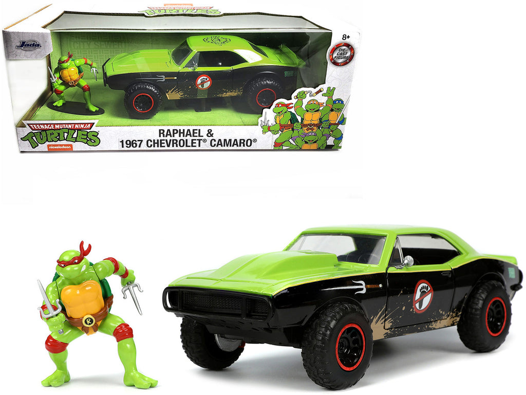 1967 Chevrolet Camaro Offroad Bright Green and Matt Black (Dirty Version) and Raphael Diecast Figure "Teenage Mutant Ninja Turtles" "Hollywood Rides" Series 1/24 Diecast Model Car by Jada-0