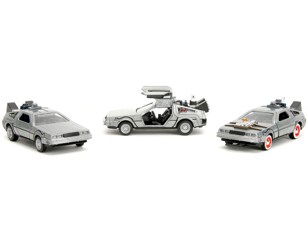"Back to the Future" Delorean Set of 3 pieces "Hollywood Rides" Series 1/32 Diecast Model Car by Jada-1