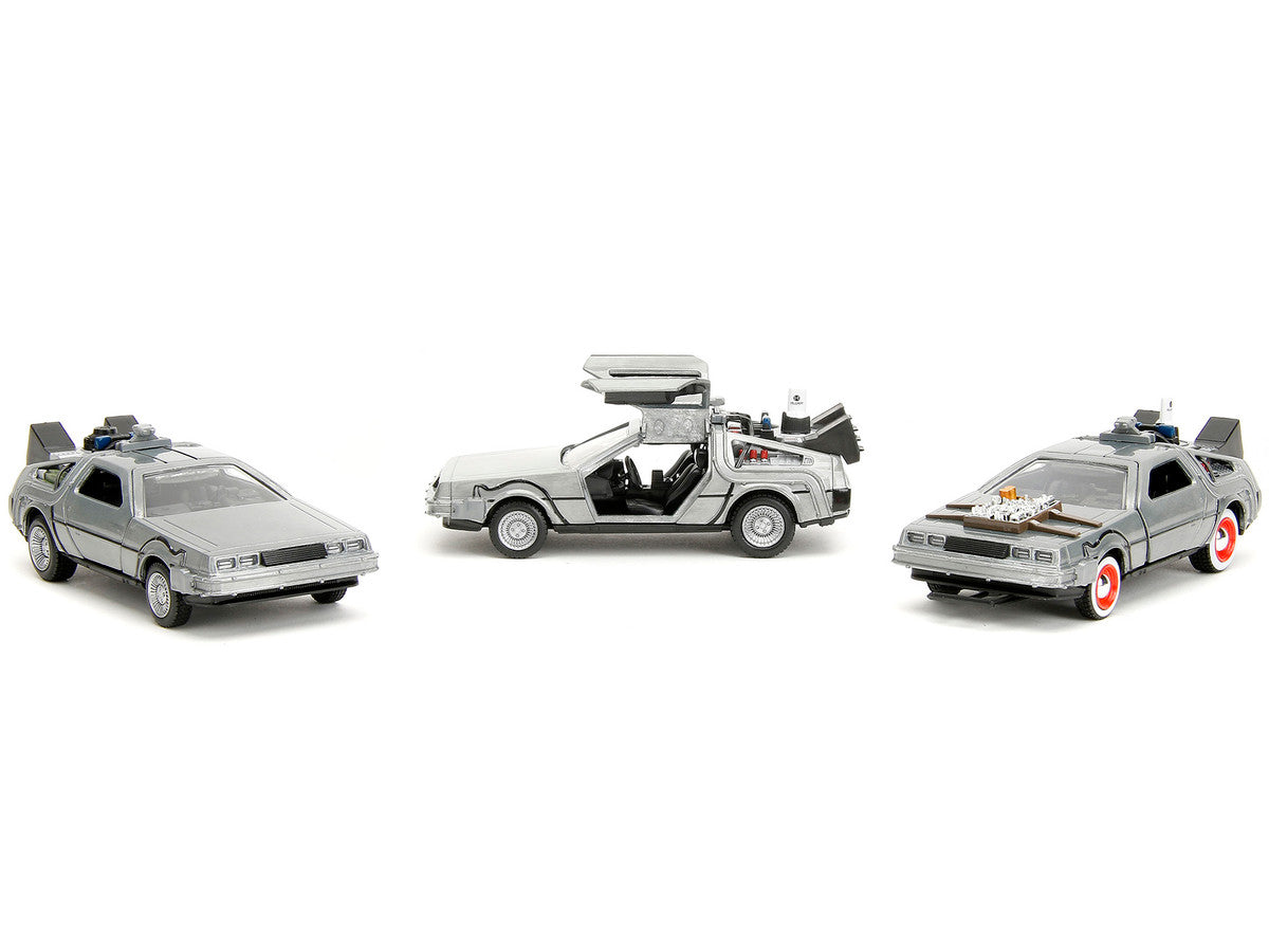 "Back to the Future" Delorean Set of 3 pieces "Hollywood Rides" Series 1/32 Diecast Model Car by Jada-1