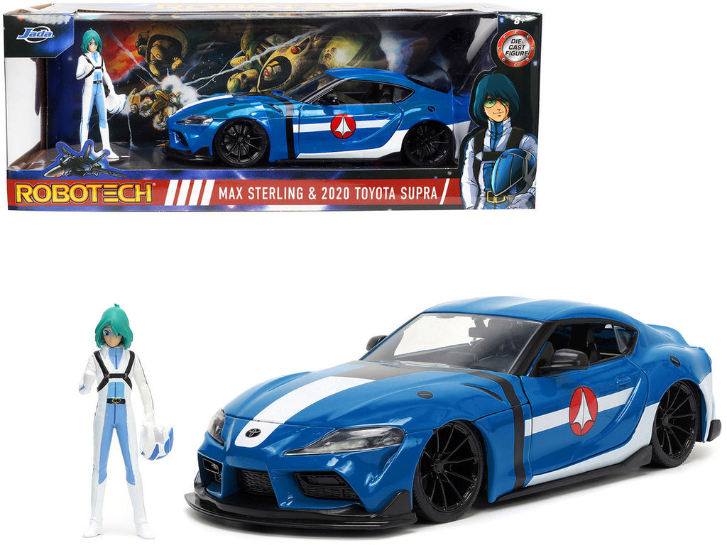 2020 Toyota Supra Blue with Graphics and Max Sterling Diecast Figurine "Robotech" "Hollywood Rides" Series 1/24 Diecast Model Car by Jada-0