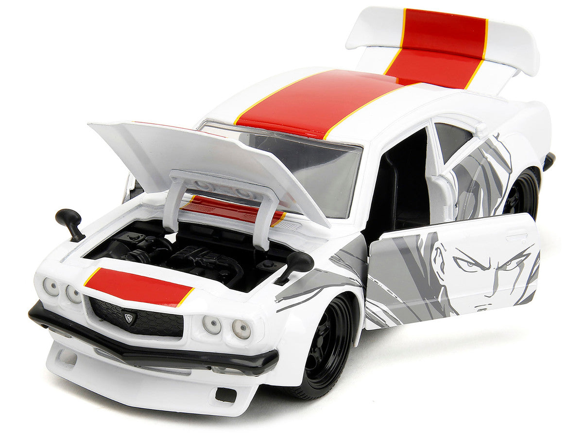 1974 Mazda RX-3 White with Red Stripe and Graphics and Saitama Diecast Figure "One Punch Man" (2015-2019) TV Series 1/24 Diecast Model Car by Jada-1