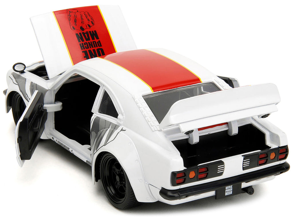 1974 Mazda RX-3 White with Red Stripe and Graphics and Saitama Diecast Figure "One Punch Man" (2015-2019) TV Series 1/24 Diecast Model Car by Jada-3