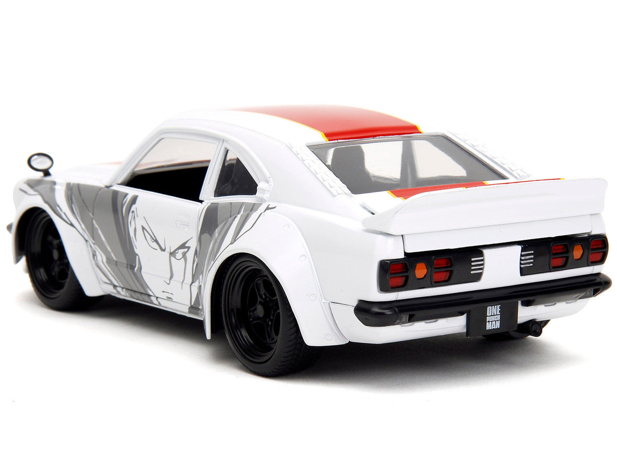 1974 Mazda RX-3 White with Red Stripe and Graphics and Saitama Diecast Figure "One Punch Man" (2015-2019) TV Series 1/24 Diecast Model Car by Jada-2