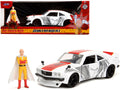 1974 Mazda RX-3 White with Red Stripe and Graphics and Saitama Diecast Figure "One Punch Man" (2015-2019) TV Series 1/24 Diecast Model Car by Jada-0
