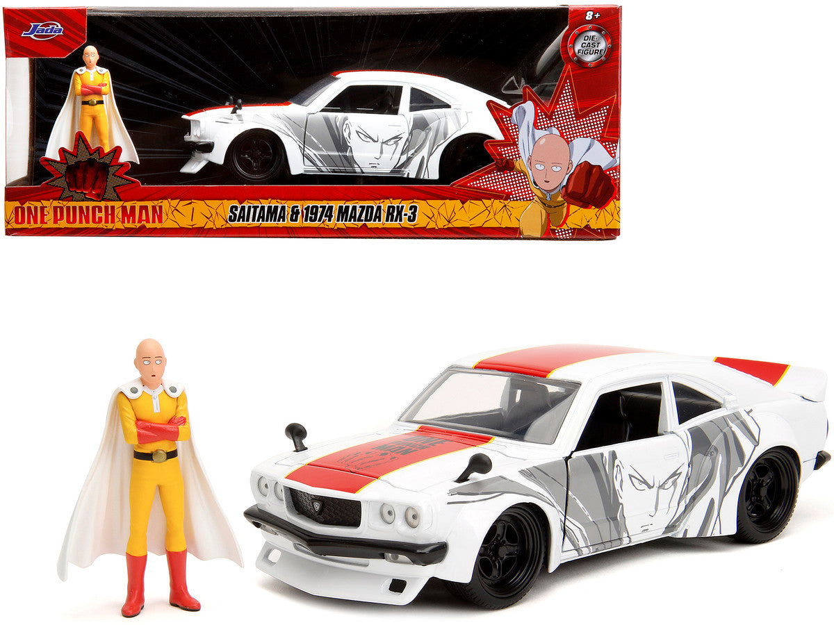 1974 Mazda RX-3 White with Red Stripe and Graphics and Saitama Diecast Figure "One Punch Man" (2015-2019) TV Series 1/24 Diecast Model Car by Jada-0