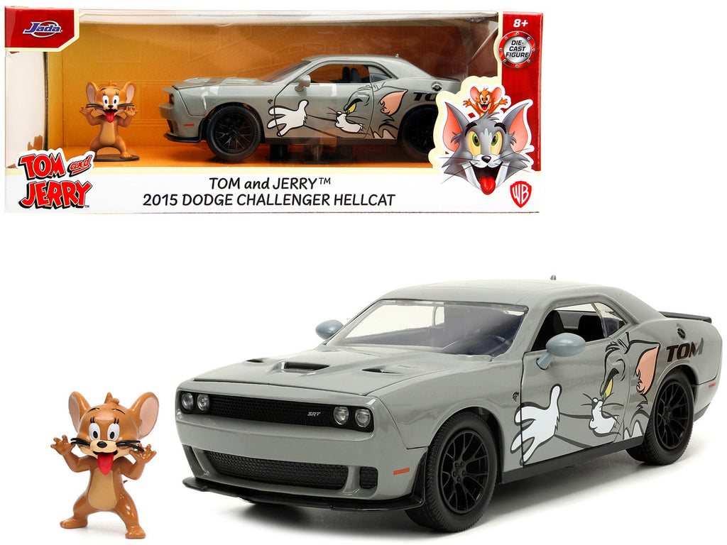 2015 Dodge Challenger Hellcat Gray with "Tom" Graphics and Jerry Diecast Figure "Tom and Jerry" "Hollywood Rides" Series 1/24 Diecast Model Car by Jada-0
