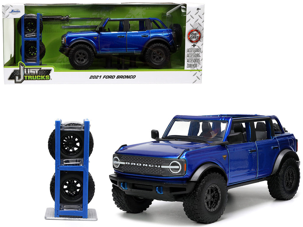 2021 Ford Bronco Open-Top Candy Blue Metallic with Extra Wheels "Just Trucks" Series 1/24 Diecast Model Car by Jada-4