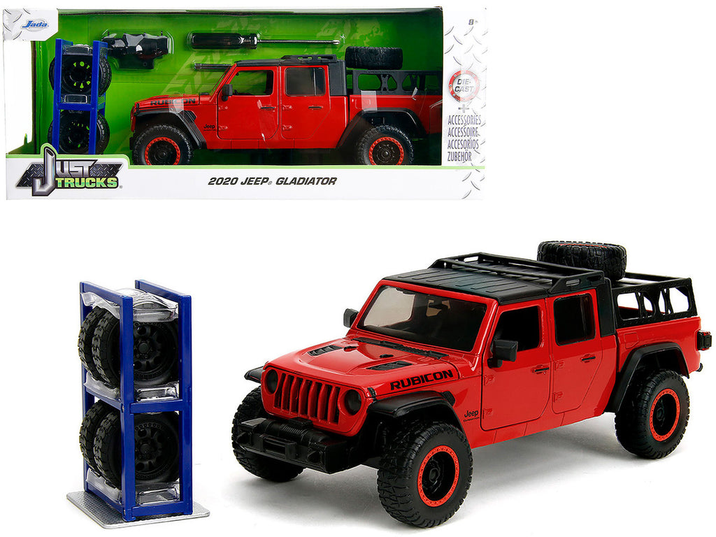 2020 Jeep Gladiator Rubicon Pickup Truck Red with Black Top and Extra Wheels "Just Trucks" Series 1/24 Diecast Model Car by Jada-4