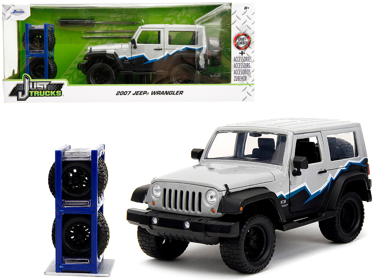 2007 Jeep Wrangler Gray and Black with Blue and White Stripes with Extra Wheels "Just Trucks" Series 1/24 Diecast Model Car by Jada-0