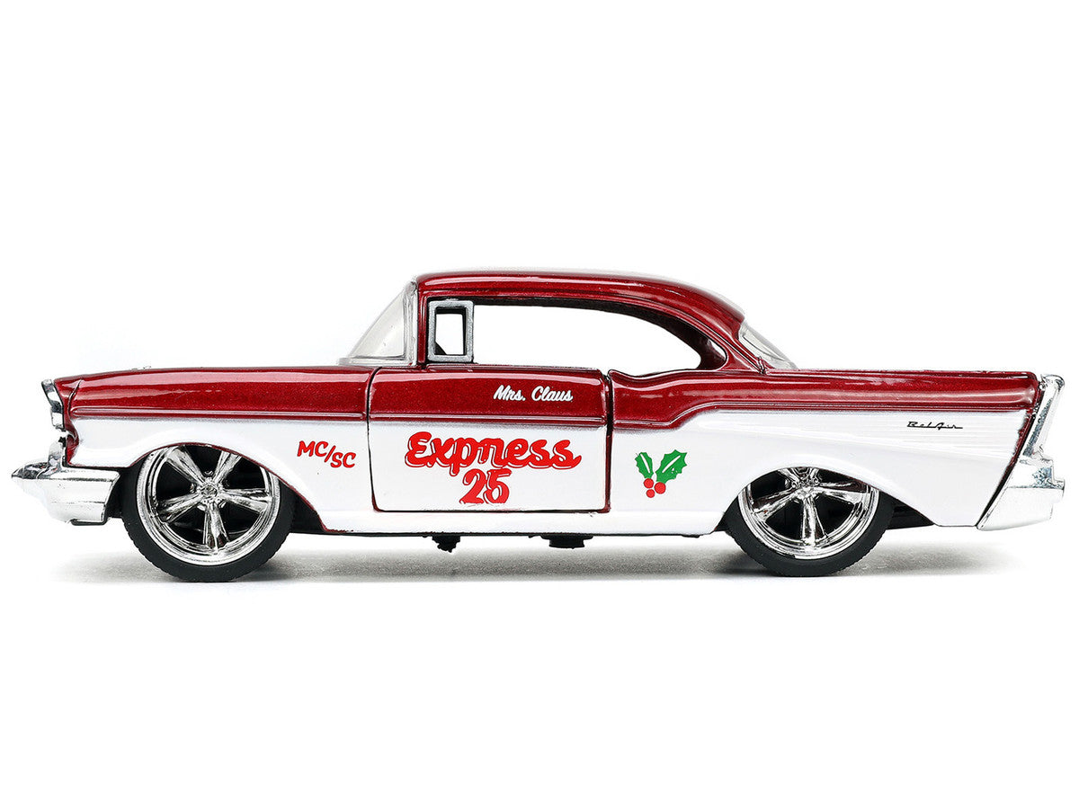 1941 Ford Pickup Truck Red and White "Santa's Workshop" and 1957 Chevrolet Bel Air Red Metallic and White "Express 25" with Mr. and Mrs. Santa Claus Diecast Figures "Holiday Rides" Series 1/32 Diecast Model Cars by Jada-4