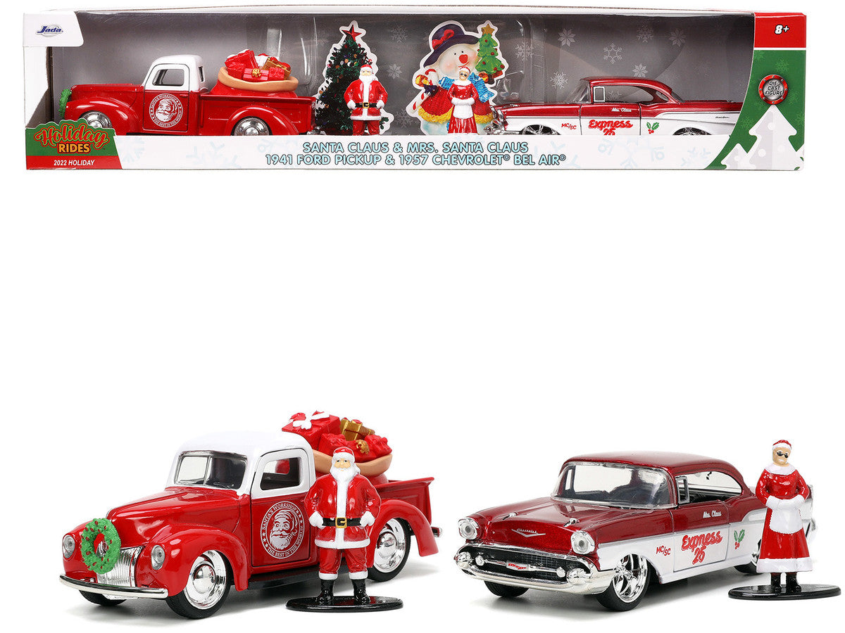 1941 Ford Pickup Truck Red and White "Santa's Workshop" and 1957 Chevrolet Bel Air Red Metallic and White "Express 25" with Mr. and Mrs. Santa Claus Diecast Figures "Holiday Rides" Series 1/32 Diecast Model Cars by Jada-0