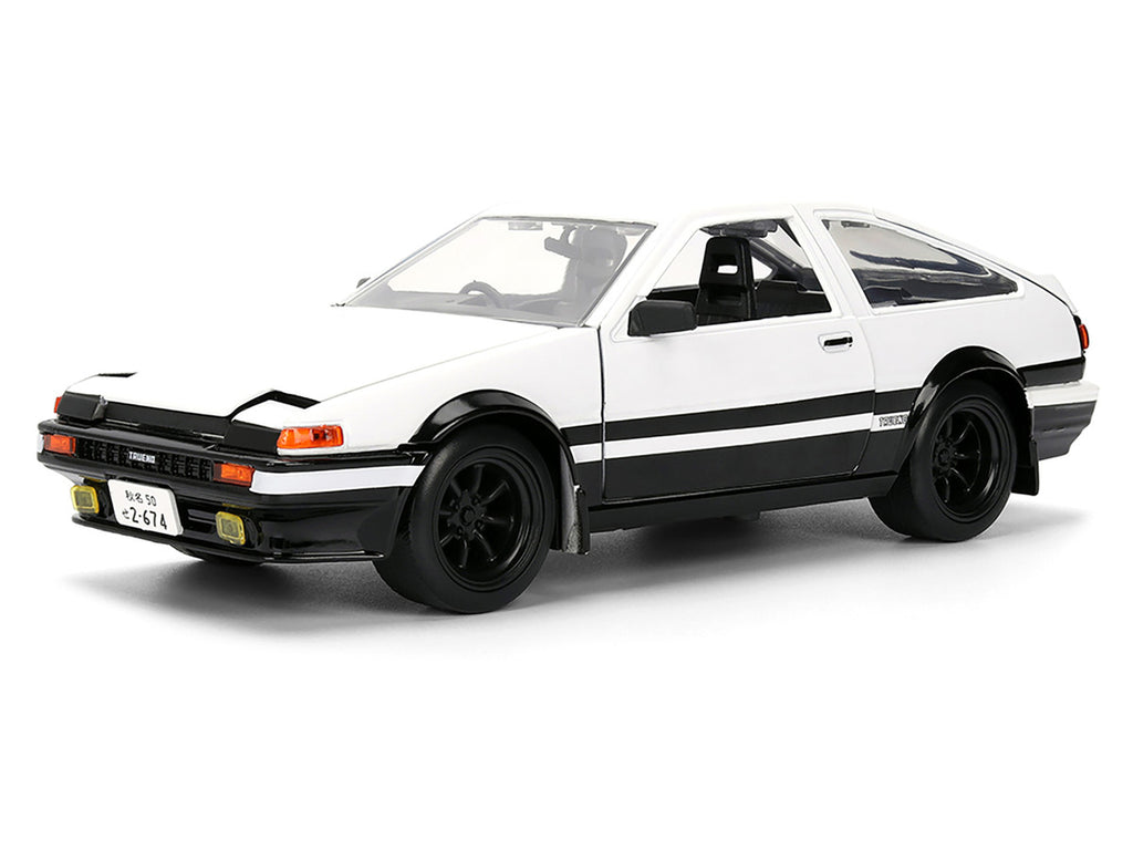 Toyota Trueno (AE86) RHD (Right Hand Drive) White and Black with Graphics and Takumi Diecast Figure "Initial D" (1998-2021) TV Series "Anime Hollywood Rides" Series 1/24 Diecast Model by Jada-2