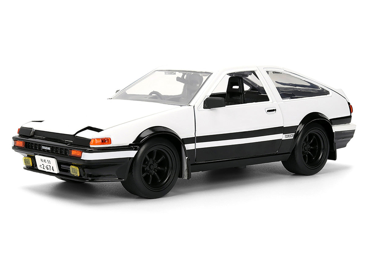 Toyota Trueno (AE86) RHD (Right Hand Drive) White and Black with Graphics and Takumi Diecast Figure "Initial D" (1998-2021) TV Series "Anime Hollywood Rides" Series 1/24 Diecast Model by Jada-2