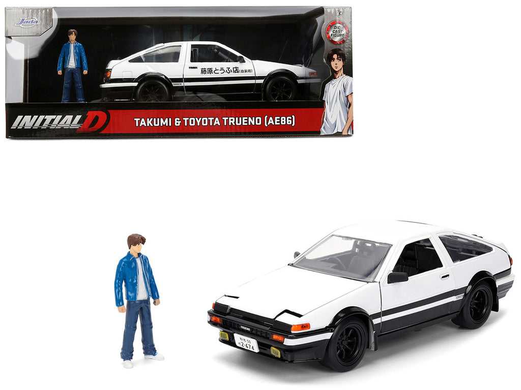 Toyota Trueno (AE86) RHD (Right Hand Drive) White and Black with Graphics and Takumi Diecast Figure "Initial D" (1998-2021) TV Series "Anime Hollywood Rides" Series 1/24 Diecast Model by Jada-4