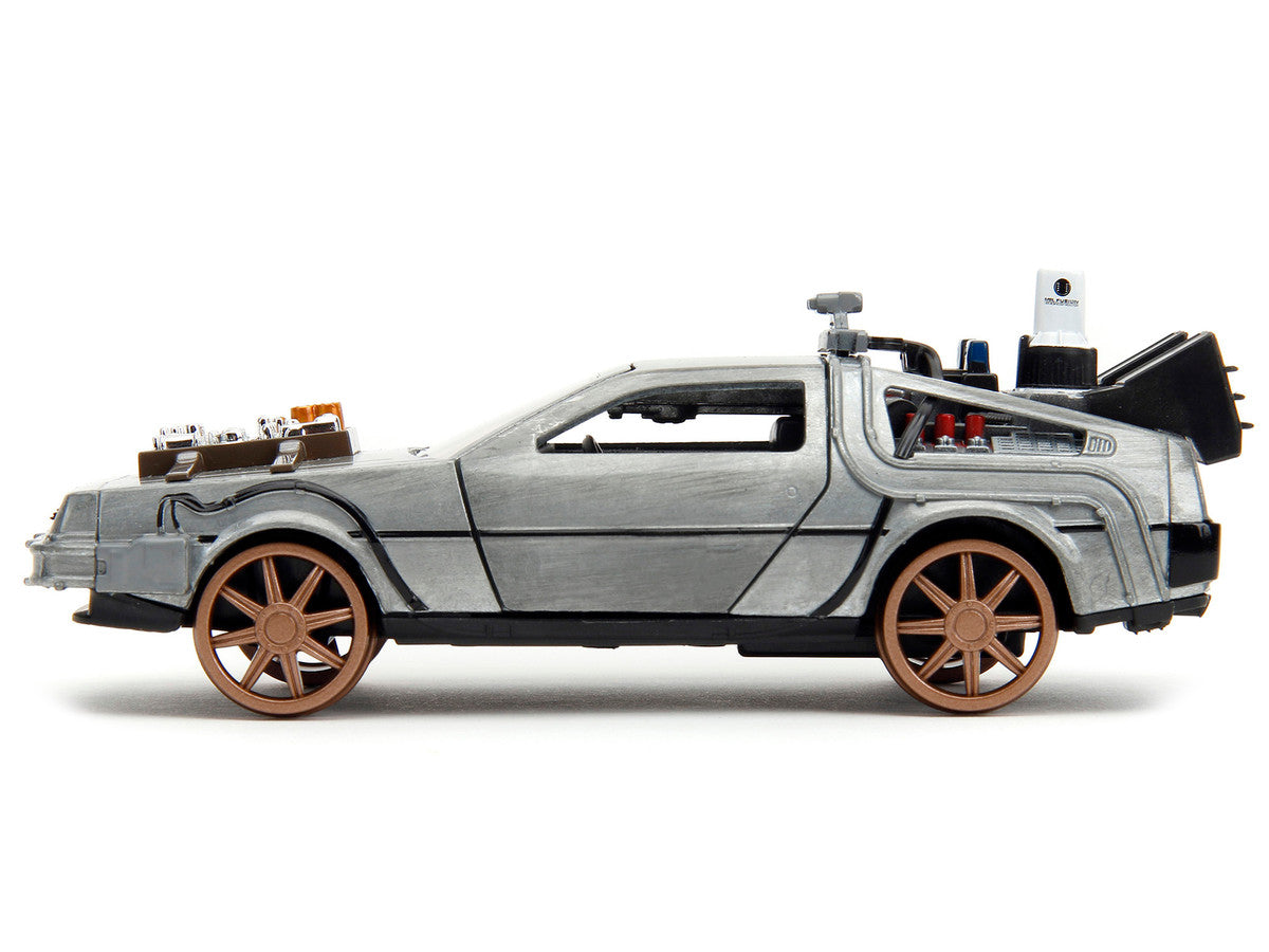 DeLorean DMC (Time Machine) Brushed Metal Train Wheel Version "Back to the Future Part III" (1990) Movie "Hollywood Rides" Series 1/32 Diecast Model Car by Jada-1