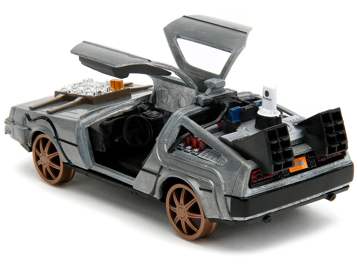 DeLorean DMC (Time Machine) Brushed Metal Train Wheel Version "Back to the Future Part III" (1990) Movie "Hollywood Rides" Series 1/32 Diecast Model Car by Jada-2