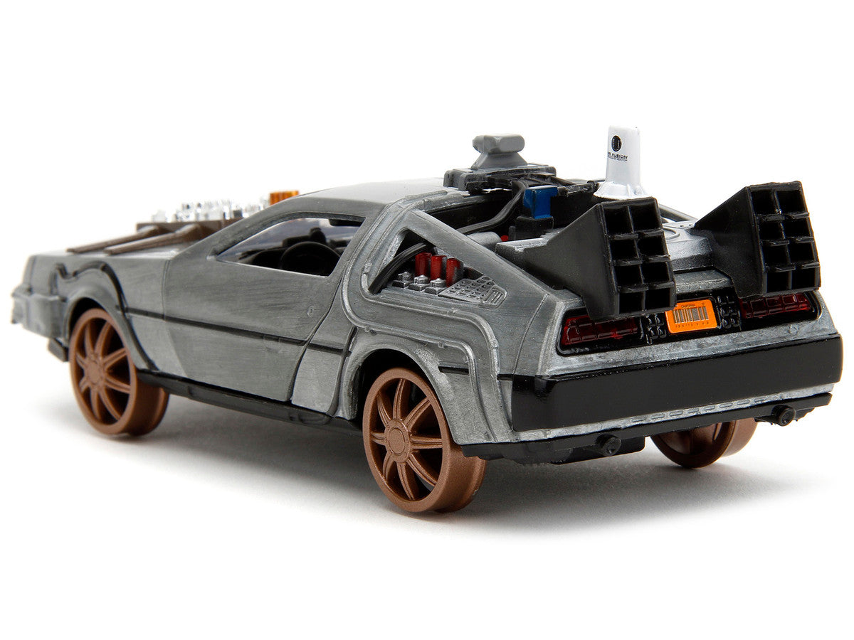DeLorean DMC (Time Machine) Brushed Metal Train Wheel Version "Back to the Future Part III" (1990) Movie "Hollywood Rides" Series 1/32 Diecast Model Car by Jada-3