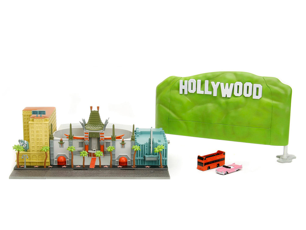 "Hollywood 100" Walk of Fame Diorama with Pink Convertible and Double-Decker Bus "Nano Scene" Series model by Jada-4