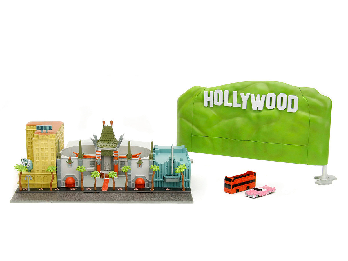 "Hollywood 100" Walk of Fame Diorama with Pink Convertible and Double-Decker Bus "Nano Scene" Series model by Jada-4